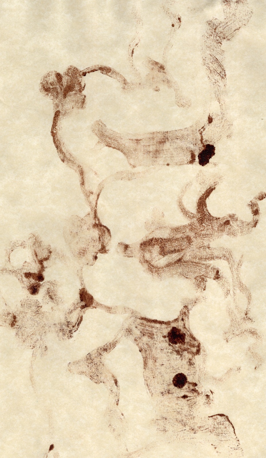 a brown ink print on cream paper of tangled, rabbit-like figures